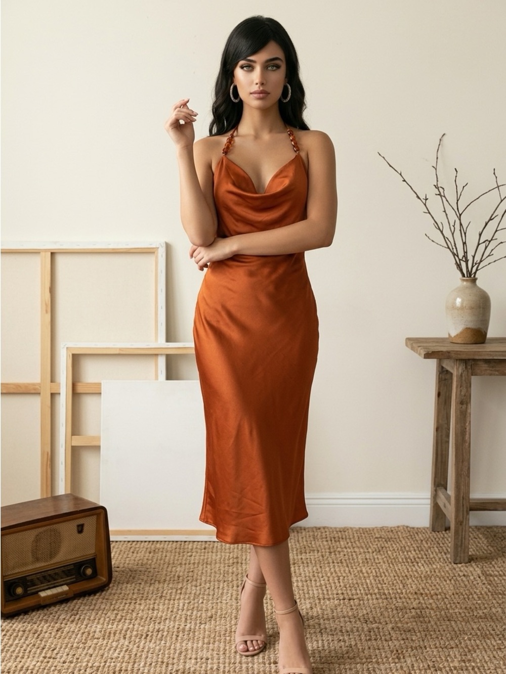 Ashley Graham Satin Cowl Midi Dress in Burnt Copper